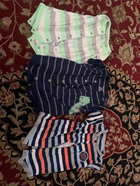 Striped Baby One-Piece Rompers Set - Navy, Mint & Coral Stripes